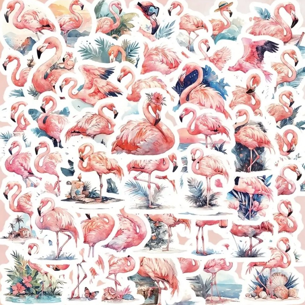 55 Pink Flamingo Stickers Tropical Birds Flowers Plants